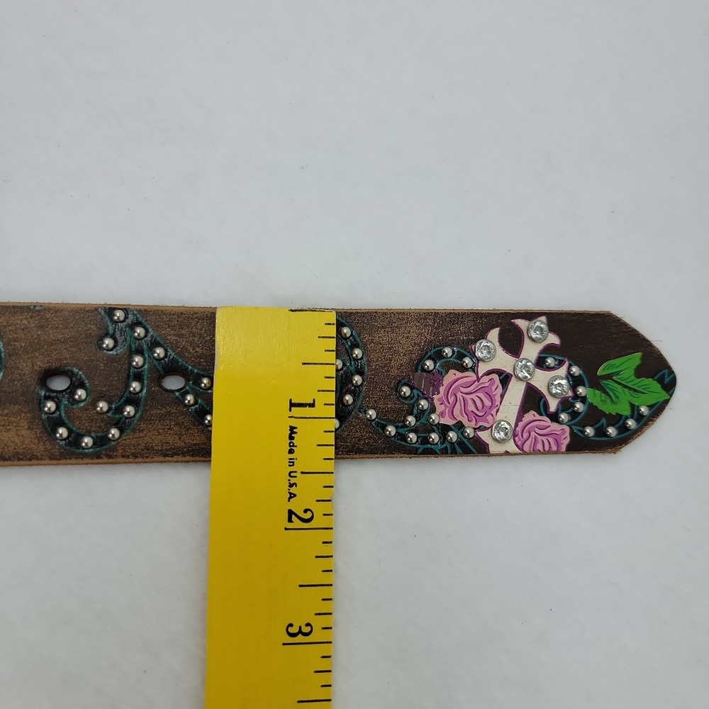 NOCONA Rhinestone Belt Wing Cross Buckle Silver Studs Tool Leather Western Sz S - Picture 9 of 12